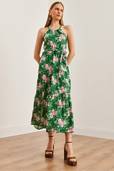 Olalook Zeleno-růžové šaty s ohlávkou a krkem Viscon Belted - ELB- 19001548