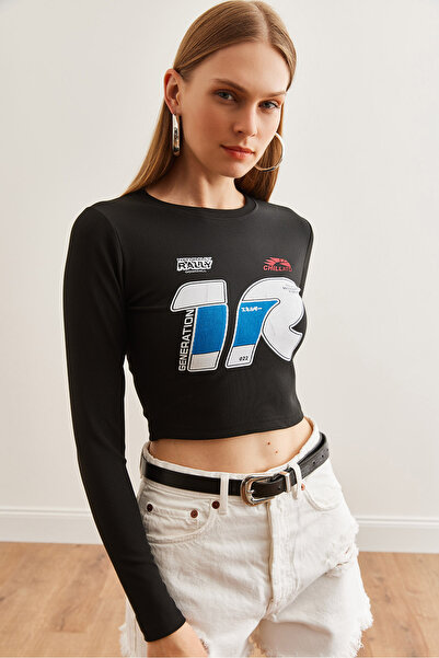 Olalook Black Racing Printed Crop Ottoman Blouse - Thin Corded Blz- 19002710