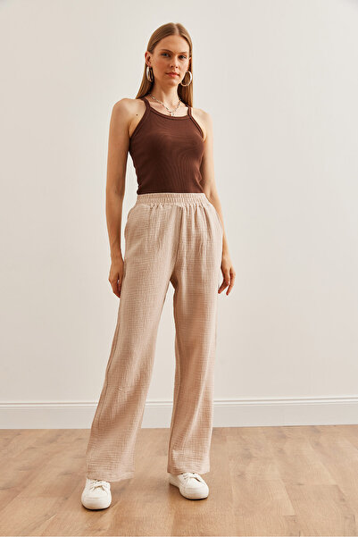 Olalook Kadın Vizon Beli Lastikli Cepli Müslin Pantolon PNT-19000279