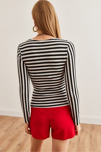 Olalook Μαύρη ριγέ γυναικεία μπλούζα Waffle - Deep Decollete Blz- 19002716