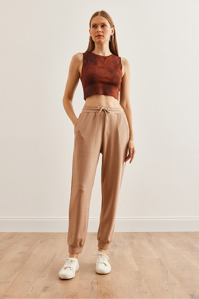 Olalook Μπεζ Φούτερ Jogging με κουμπιά Modal - Γυναικεία, ελαστική μέση Eşf- 00000072