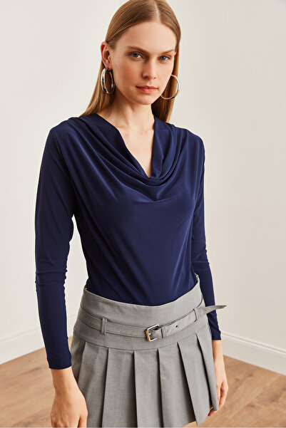 Olalook Темно-синя блузка з коміром Degaje жіноча ткана BLZ19002713