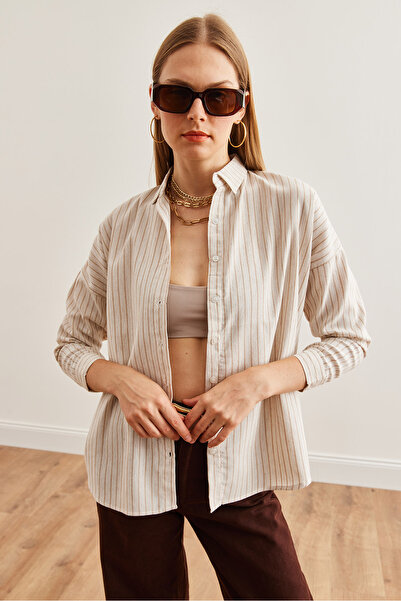 Olalook Milky Brown Colored Bat Striped Oversize Linen Women's Shirt - Gml- 19001235