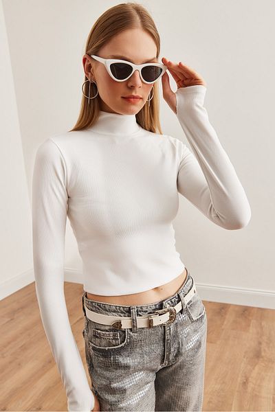 Olalook Λευκή Thin Corded Fingered Ottoman Μπλούζα - Half Turtleneck Blz- 19002709
