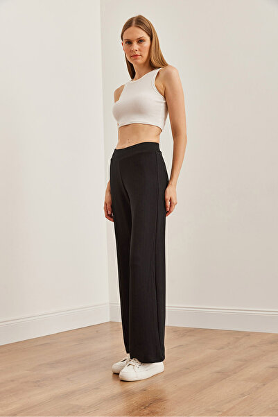 Olalook Kadın Siyah Kalın Fitilli Modal Tuşeli Palazzo Pantolon PNT-19000288