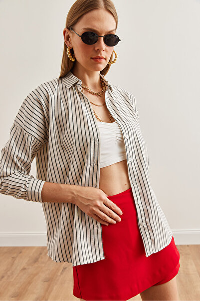 Olalook Black Bat Striped Oversize Linen Women's Shirt - Gml- 19001235