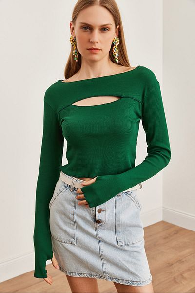 Olalook Emerald Green Strechy Crop Μπλούζα - Cut Out and Toe Detail Blz- 19002708