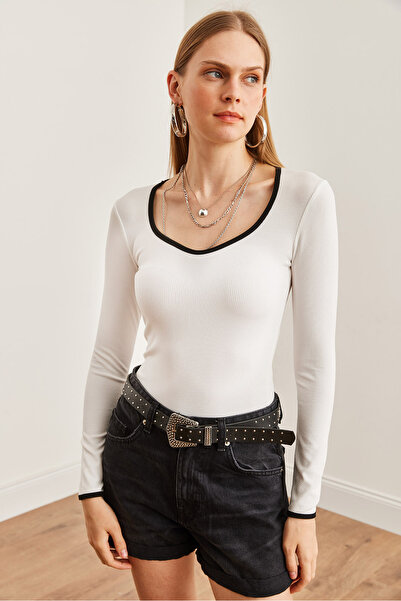 Olalook Bílá proužkovaná pružná dámská halenka - Pool Collar Blz- 19002714