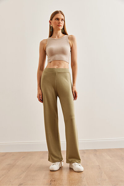 Olalook Kadın Su Yeşili Kalın Fitilli Modal Tuşeli Palazzo Pantolon PNT-19000288