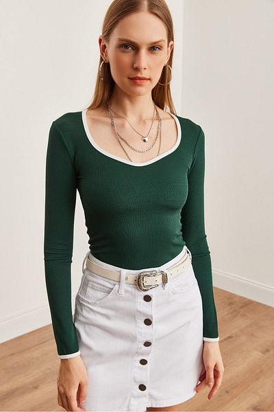 Olalook Emerald Green Flexible Pool Collar Blouse - Stripe Detailed Blz- 19002714