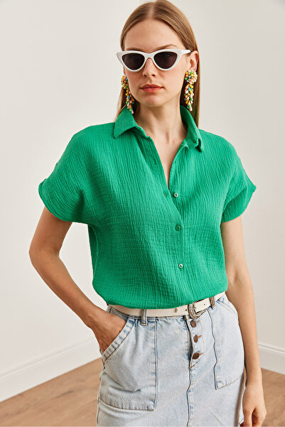 Olalook Grass Green Basic Muslin Women's Shirt - Bat Sleeve Gml- 19001215