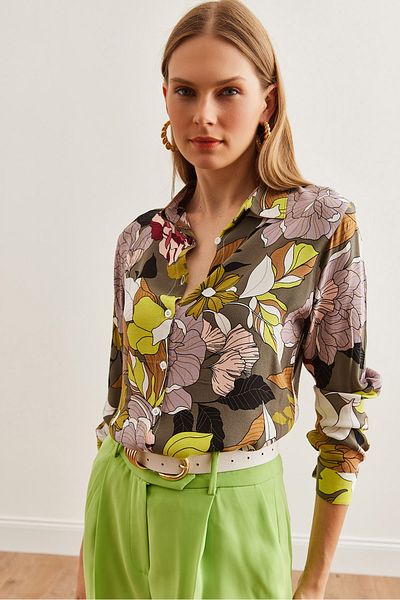 Olalook Smoked Flower Patterned Viscose Women's Shirt - Long Sleeve, Flowy Gml- 19001234