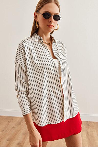 Olalook Black Bat Striped Oversize Linen Women's Shirt - Gml- 19001235