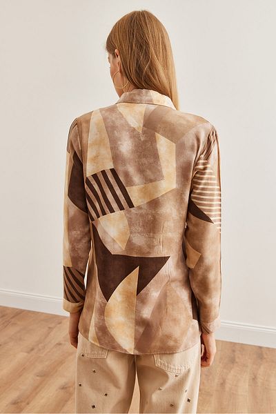 Olalook Geometric Patterned Viscose Women's Shirt - Long Sleeve, Flowy, Brown Gml- 19001234