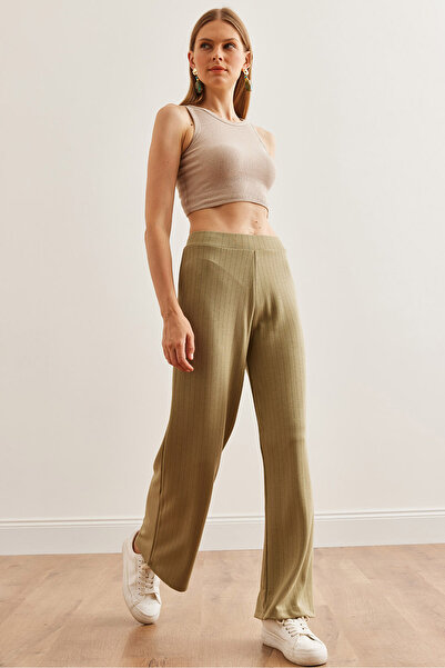 Olalook Kadın Su Yeşili Kalın Fitilli Modal Tuşeli Palazzo Pantolon PNT-19000288