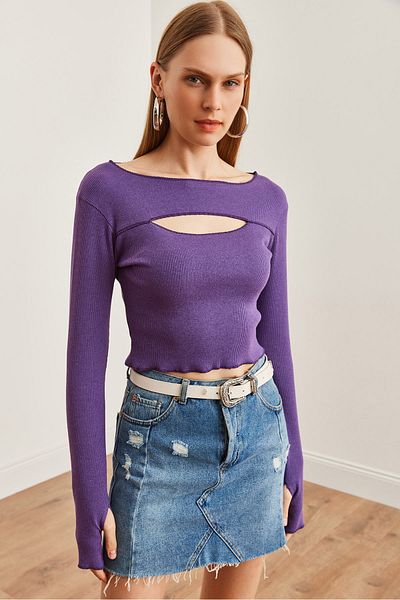 Olalook Μωβ Cut-out Flexible Crop Μπλούζα με λεπτομέρεια στα δάχτυλα - Blz- 19002708