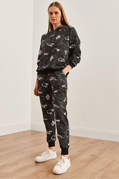 Olalook Kadın Siyah Kapüşonlu Sweatshirt'lü Baskılı Eşofman Takımı ETKM-0000067