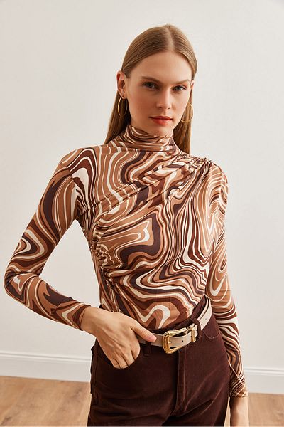 Olalook Women's Drape Detailed Brown Cream Blouse - Blz- 19002712