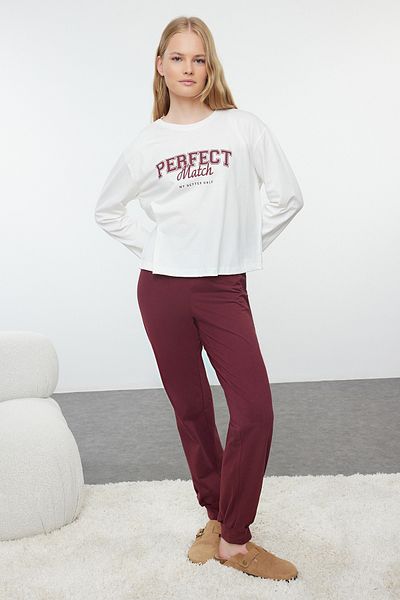 Trendyol Collection Fehér szlogen 100% pamut női pizsama szett - THMAW25PT00163