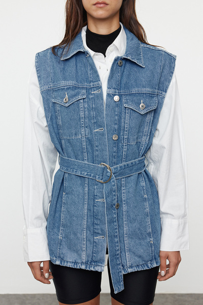 Trendyol Collection Oversize Blue Denim Vest - Belted, TWOAW25YE00062