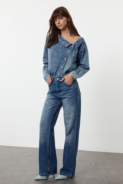 Trendyol Collection Blugi cu talie înaltă cu detaliu de piatră albastră TWOAW25JE00196