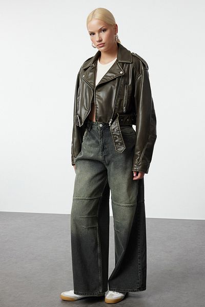 Trendyol Collection High Waist Gray Baggy Jeans - Pale Effect and Stitching Detail Twoaw25Je00047