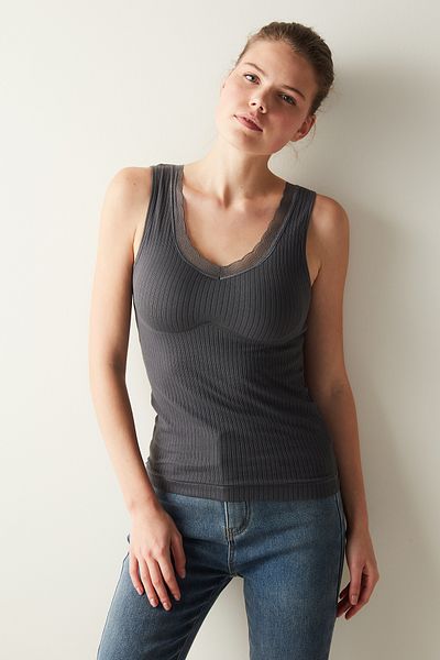 Penti Dark Gray Cup Lace Detailed Plush Thermal Top