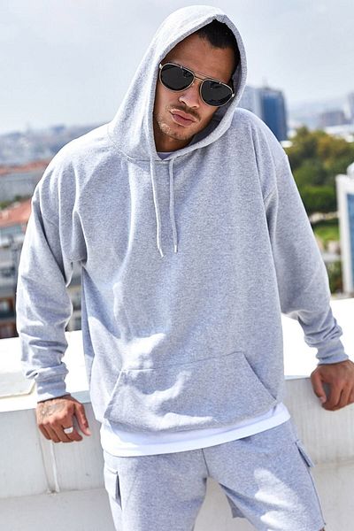 Pink Sky Men's Gray Oversize Hooded Sweatshirt - Kangru Pocket