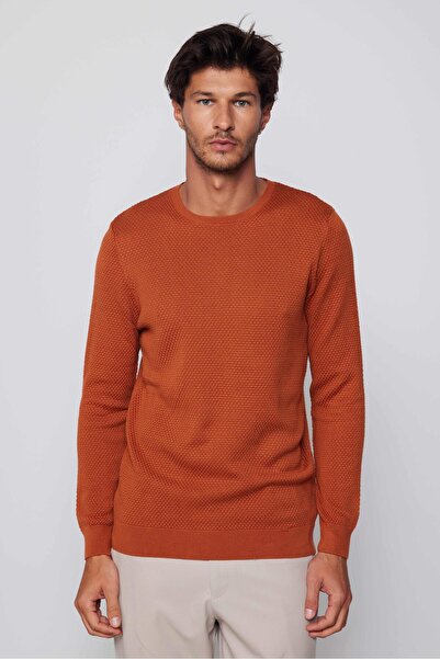 Tudors Erkek Slim Fit Dar Kesim Bisiklet Yaka Petek Desenli Tarçın Triko Kazak