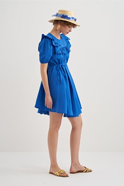 Mathilda Store Kadın Mavi Balon Lastikli Kol Omuzları Pileli Bisiklet Yaka Mini Poplin Elbise Ince Kemer Detay