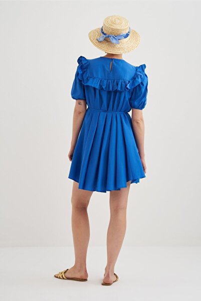 Mathilda Store Kadın Mavi Balon Lastikli Kol Omuzları Pileli Bisiklet Yaka Mini Poplin Elbise Ince Kemer Detay