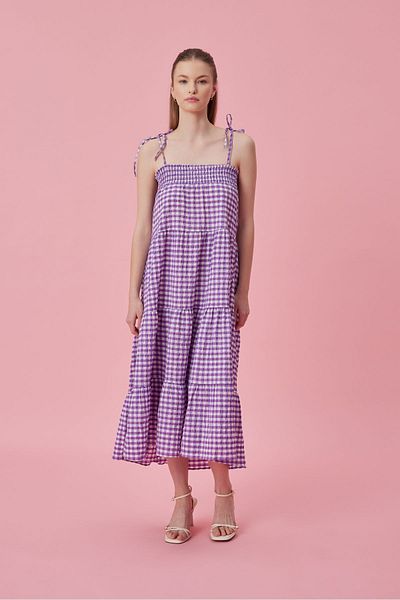 mathilda store Purple Midi Dress - Adjustable Rope Strap, Elastic Chest Detail, Gingham, Unlined Stylish Without Pockets