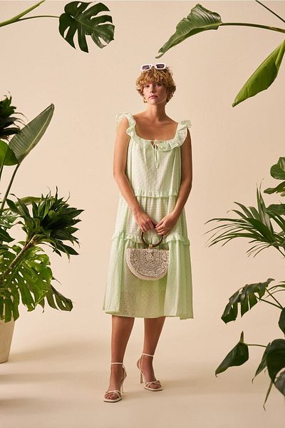 mathilda store Green Pleated Midi Dress - Crew Neck, Lace-up Front Design, Back Detailed Pattern