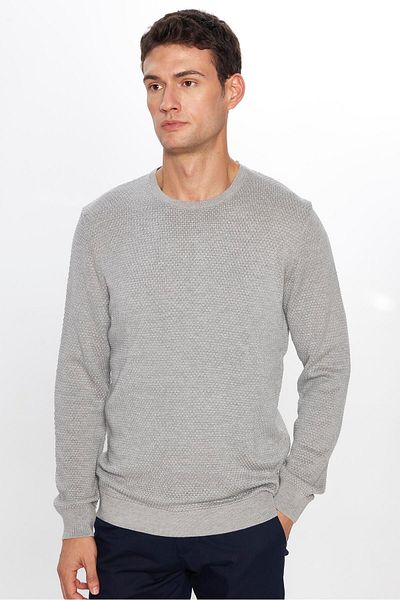 Tudors Men's Gray Knitwear Sweater - Slim Fit, Crew Neck, Honeycomb Pattern
