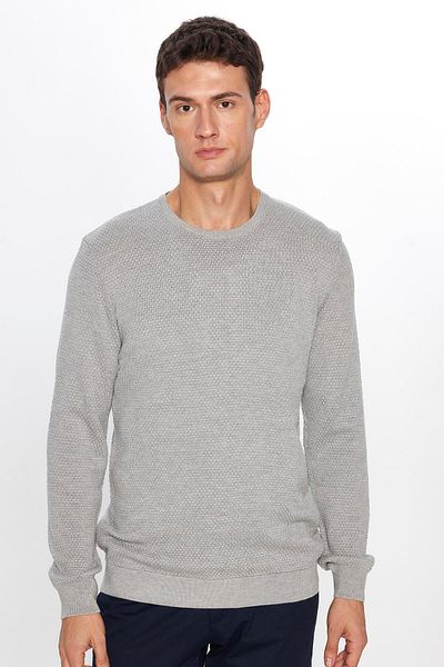 Tudors Men's Gray Knitwear Sweater - Slim Fit, Crew Neck, Honeycomb Pattern