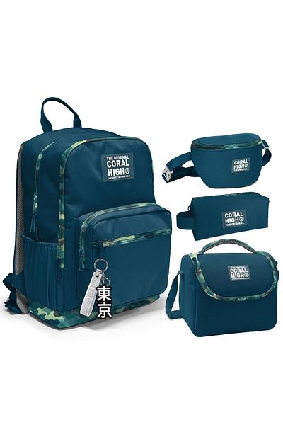 Coral High Set de genți de camuflaj Nefti pentru școala primară/liceu și geantă pentru băieți