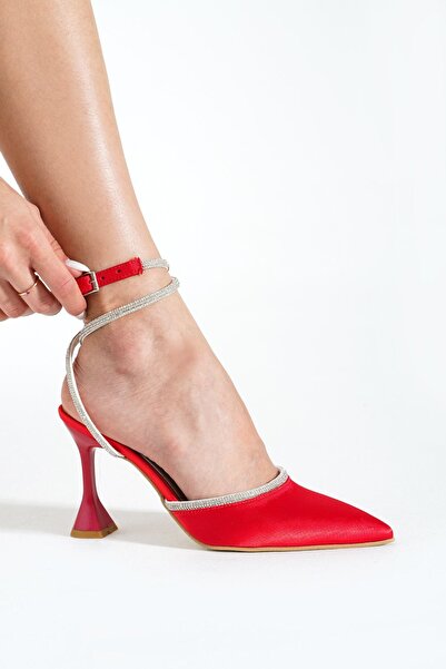 DUXAL SHOES Kırmızı Saten Bilekten Bağlamalı Topuklu Kadın Ayakkabı