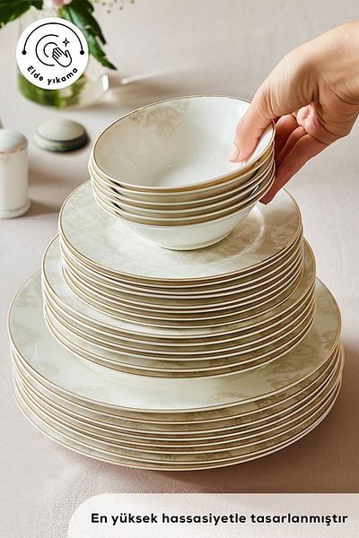 Karaca Elegance Bone Siena – 53-teiliges Esszimmerset für 12 Personen in Gold