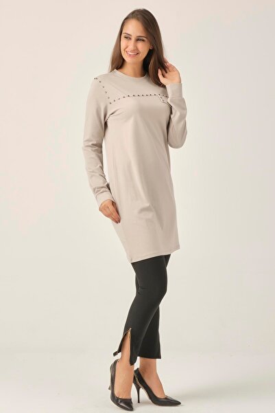 Darlin Moda Kadın Gri Taşlı Sıfır Yaka Tunik Dm230