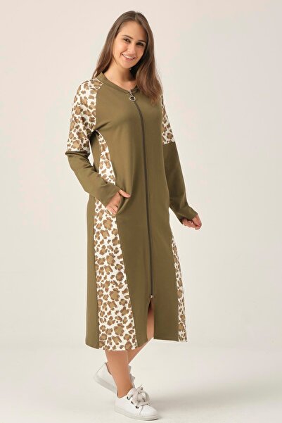 Darlin Moda Women's Khaki Printed Zippered Women's Overcoat Dm452