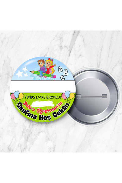 DeBu Tasarım 10 Adet İsim ve Sınıf/Şube Alanı Boş Öğretmene Özel Sınıfına Hoş Geldin 58 mm Metal Yaka Rozeti