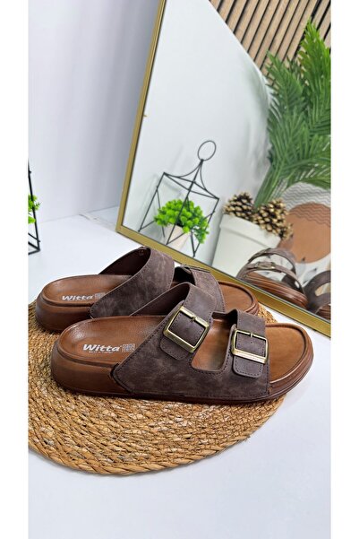 İmerShoes Casual Brown Men's Slippers Double Adjustable Buckle Comfortable Sole Oval Toe Sandals 54201