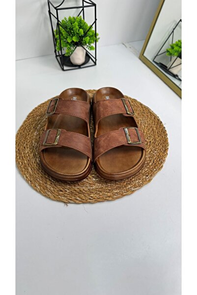 İmerShoes Daily Tan Men's Slippers Double Adjustable Buckle Comfortable Sole Oval Toe Sandals 54201