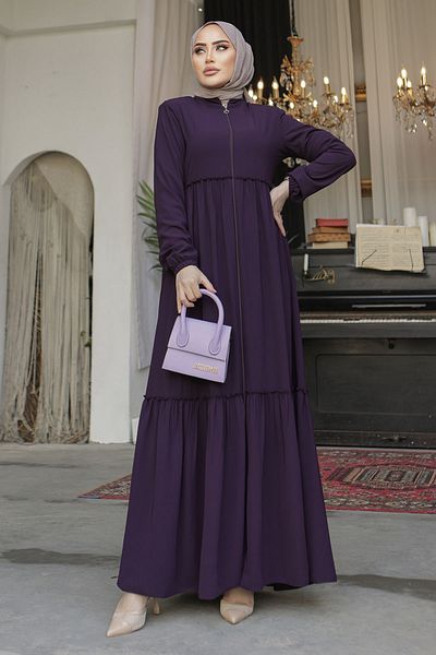 InStyle Gathered Detail Zippered Abaya - Plum