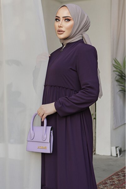 InStyle Gathered Detail Zippered Abaya - Plum