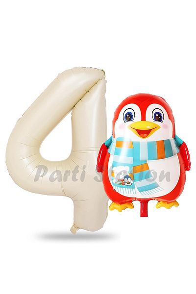 Parti Station 4 Year Old Birthday Cute Penguin Balloon Set - Cream Number
