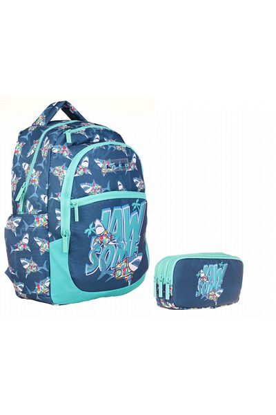 KAUKKO Rucsac de școală Blue Turquoise Jaws și set de suporturi pentru stilouri pentru băiat