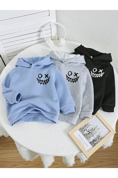 MORNİNG KİDS Boys' and Girls' Hooded Smile Sweatshirt - Pack of 3 O-x, Baby Blue-black-grey