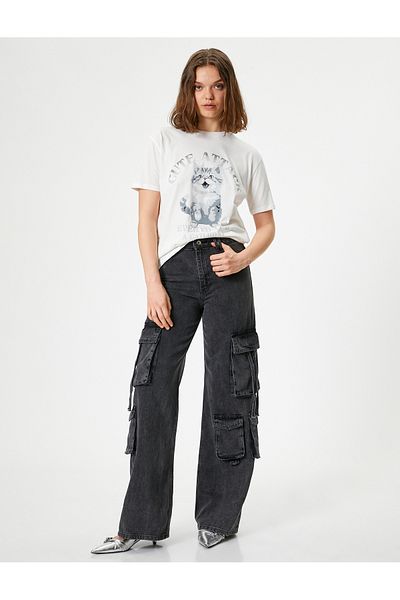 Koton Cotton Oversize Short Sleeve Cat Printed T-Shirt - Crew Neck