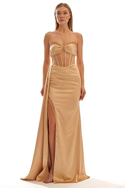 Elbisemhazır Straplez Taş Işlemeli Balenli Saten Kadın Abiye Elbise